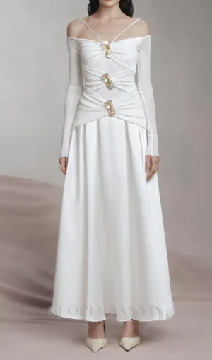 white A-line Cold Shoulder Sleeved Spandex Taffeta Maxi Dress Gloria Lanvin
