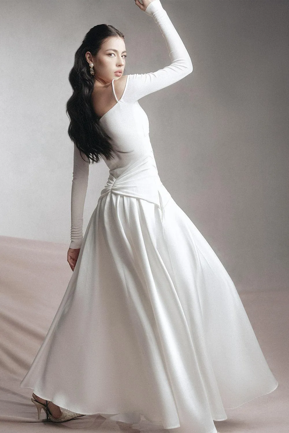 white A-line Cold Shoulder Sleeved Spandex Taffeta Maxi Dress Gloria Lanvin