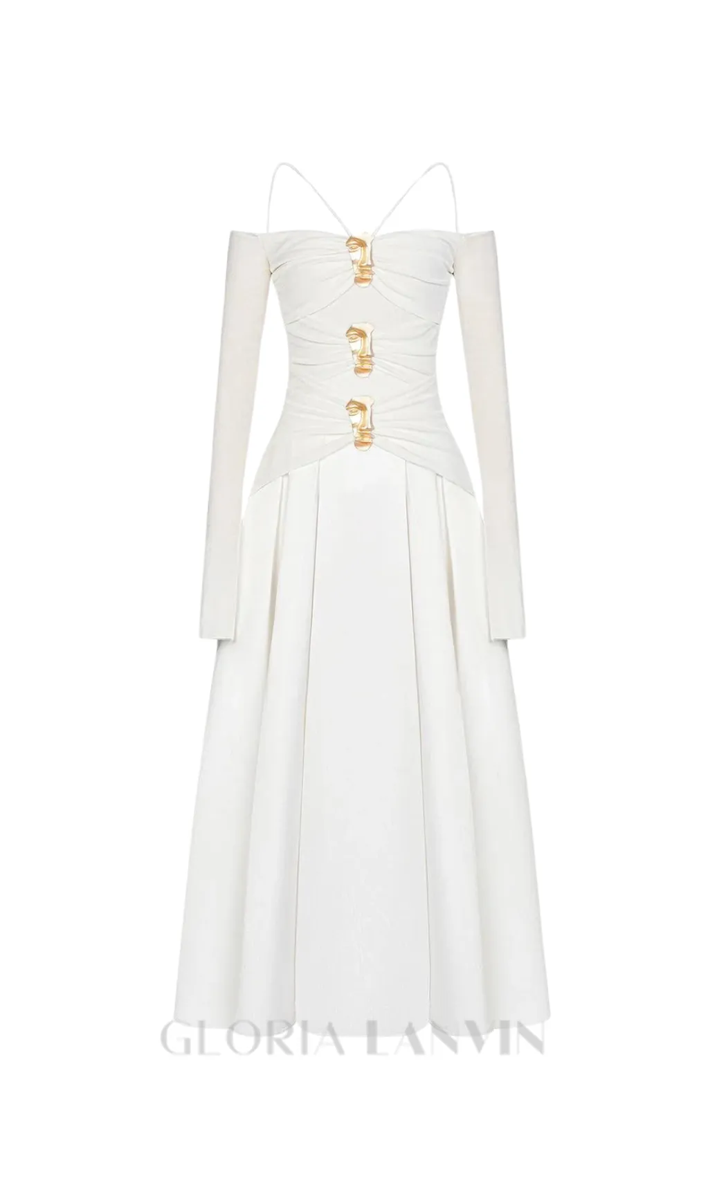 white A-line Cold Shoulder Sleeved Spandex Taffeta Maxi Dress Gloria Lanvin