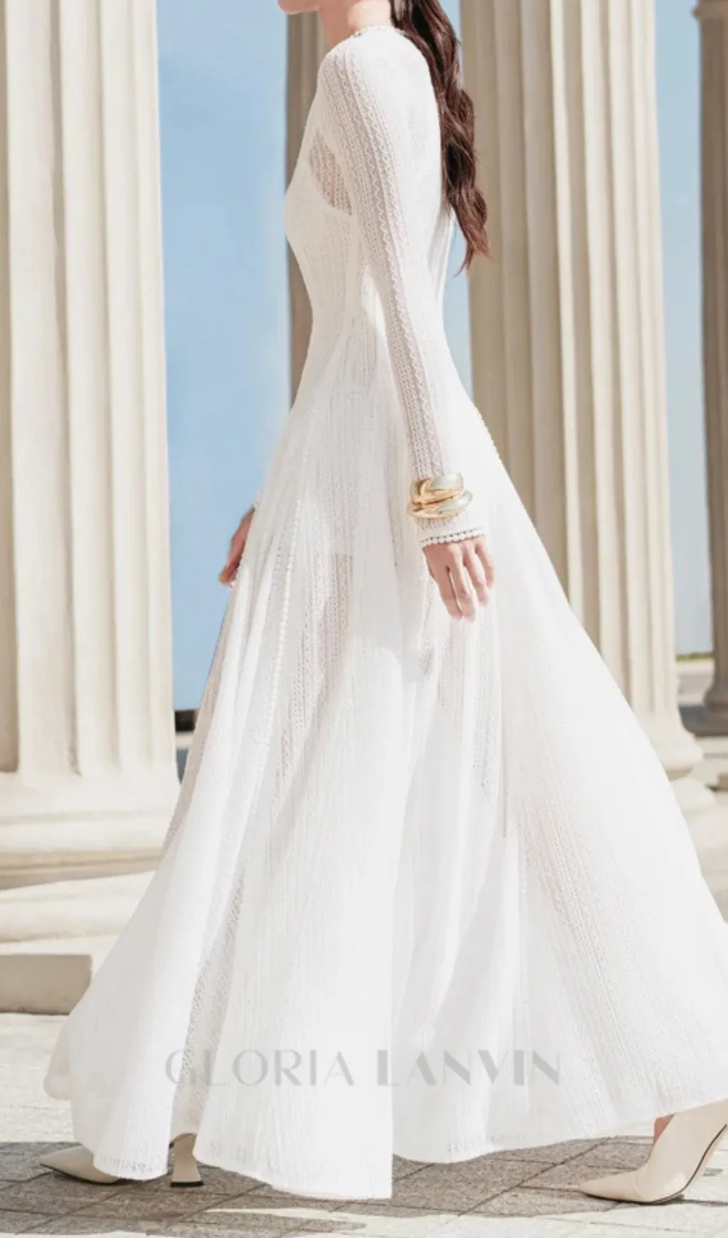 white crochet lace maxi dress with sleeves Gloria Lanvin
