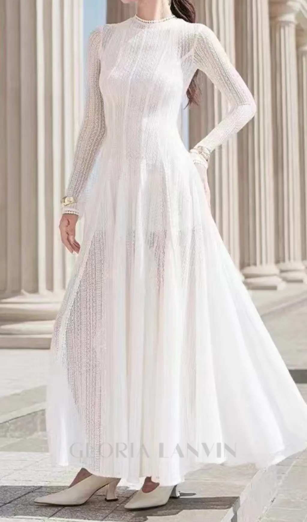 white crochet lace maxi dress with sleeves Gloria Lanvin