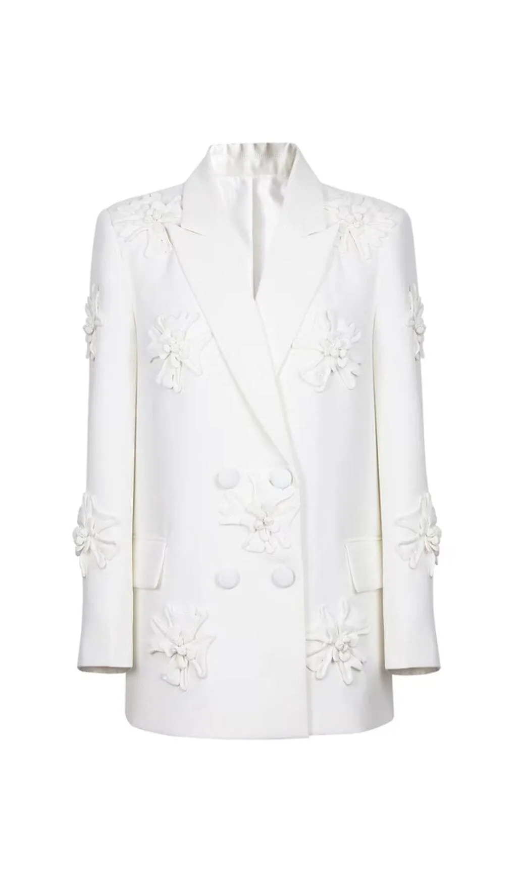 WHITE DOUBLE-BREASTED DIMENSIONAL FLOWER SUIT Gloria Lanvin
