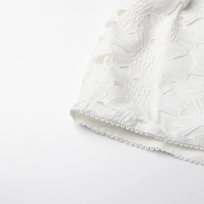 WHITE EMBROIDERED LACE CROCHET V-NECK STRAPPY JUMPSUIT Gloria Lanvin