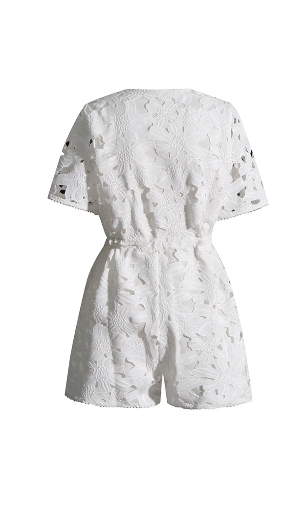 WHITE EMBROIDERED LACE CROCHET V-NECK STRAPPY JUMPSUIT Gloria Lanvin