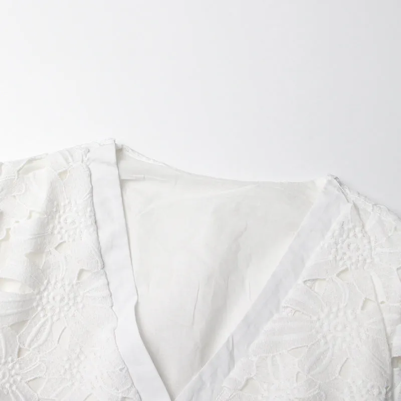 WHITE EMBROIDERED LACE CROCHET V-NECK STRAPPY JUMPSUIT Gloria Lanvin