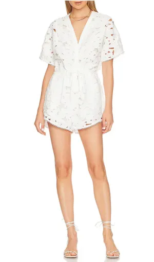 WHITE EMBROIDERED LACE CROCHET V-NECK STRAPPY JUMPSUIT Gloria Lanvin