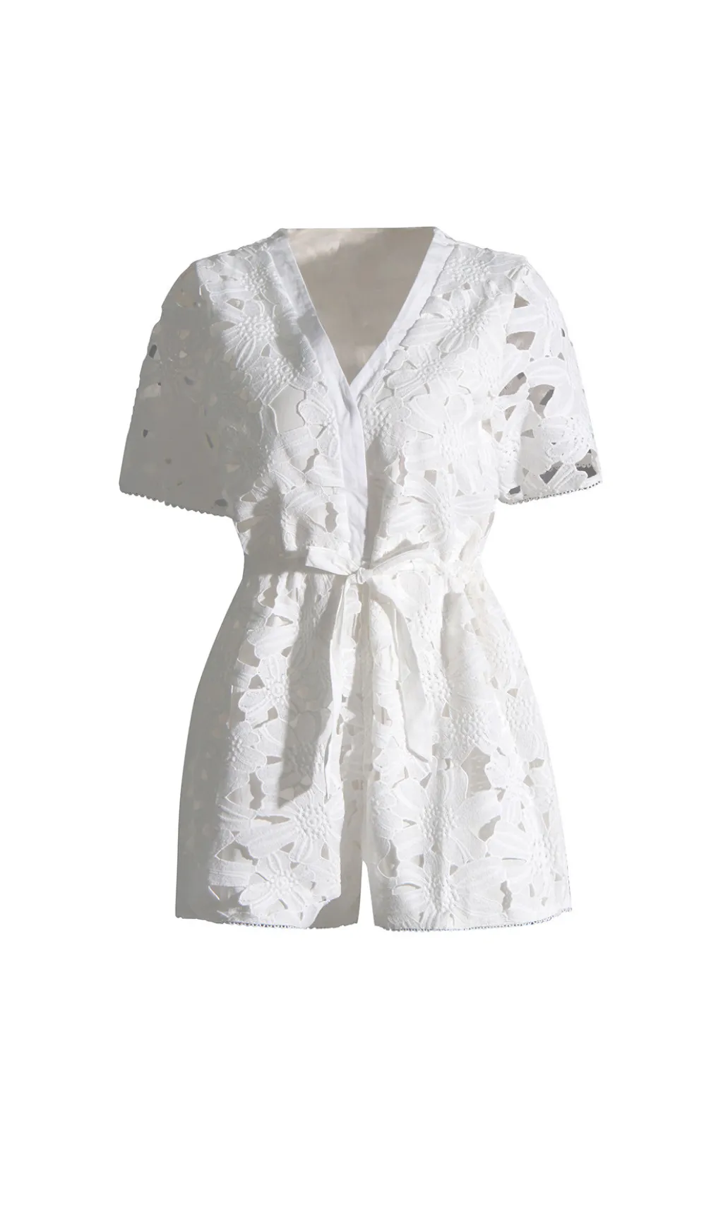 WHITE EMBROIDERED LACE CROCHET V-NECK STRAPPY JUMPSUIT Gloria Lanvin
