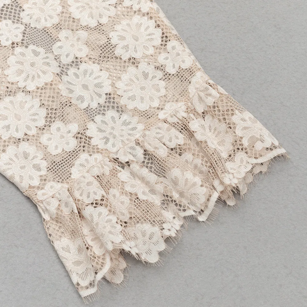 WHITE FLORAL EMBELLISHED LACE BODYCON MAXI DRESS Gloria Lanvin