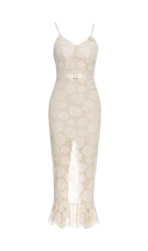 WHITE FLORAL EMBELLISHED LACE BODYCON MAXI DRESS Gloria Lanvin