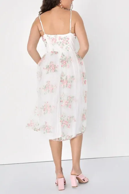 White Floral Embroidered Tulle Midi Dress Gloria Lanvin