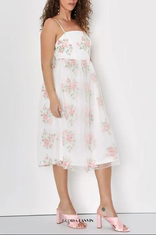 White Floral Embroidered Tulle Midi Dress Gloria Lanvin