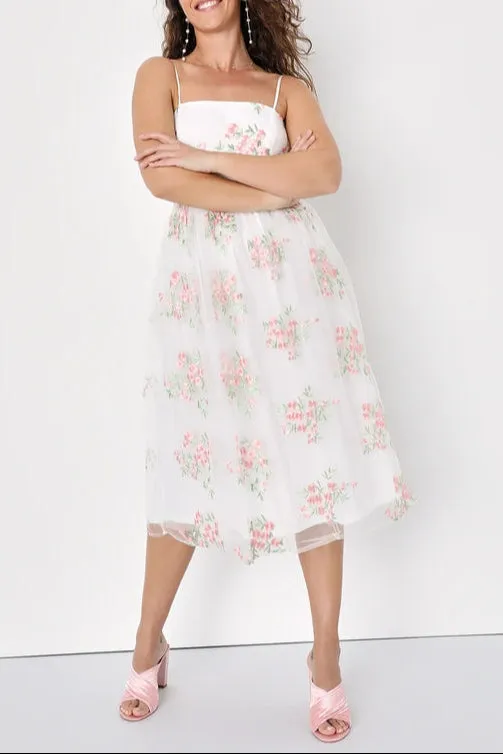 White Floral Embroidered Tulle Midi Dress Gloria Lanvin