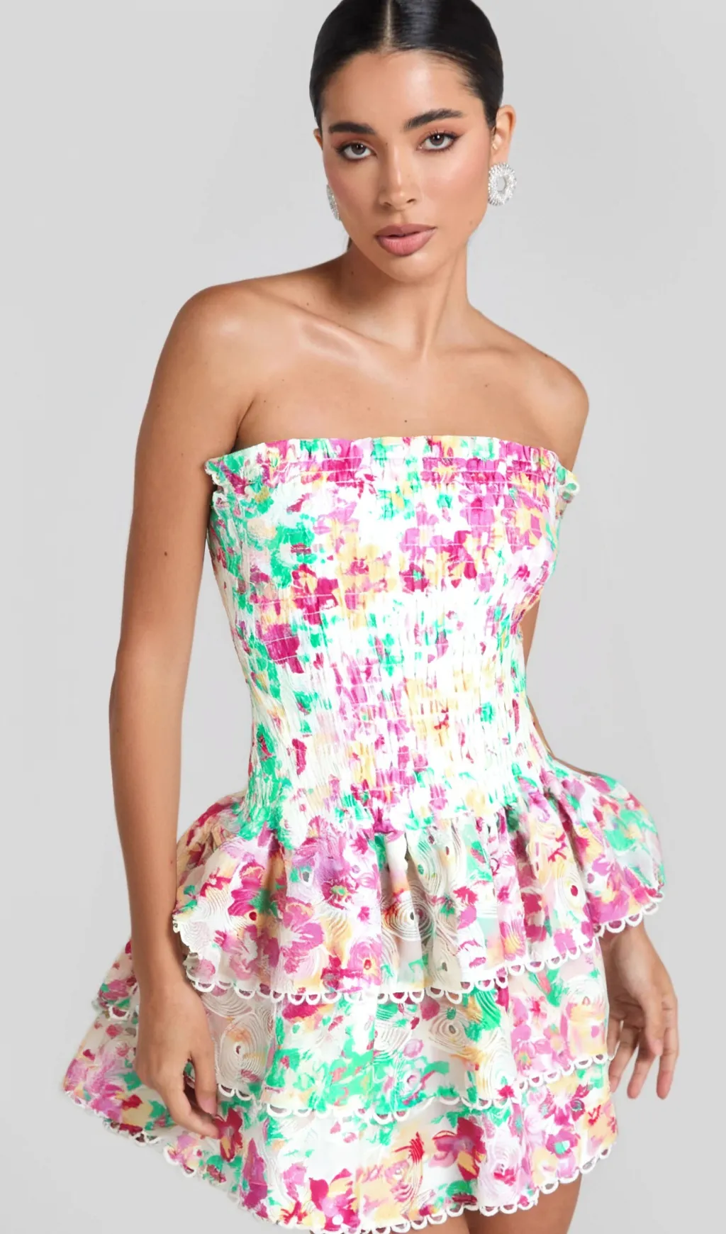 WHITE FLORAL RUCHED STRAPLESS MINI DRESS Gloria Lanvin
