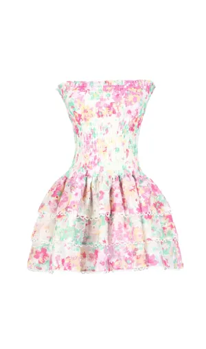 WHITE FLORAL RUCHED STRAPLESS MINI DRESS Gloria Lanvin