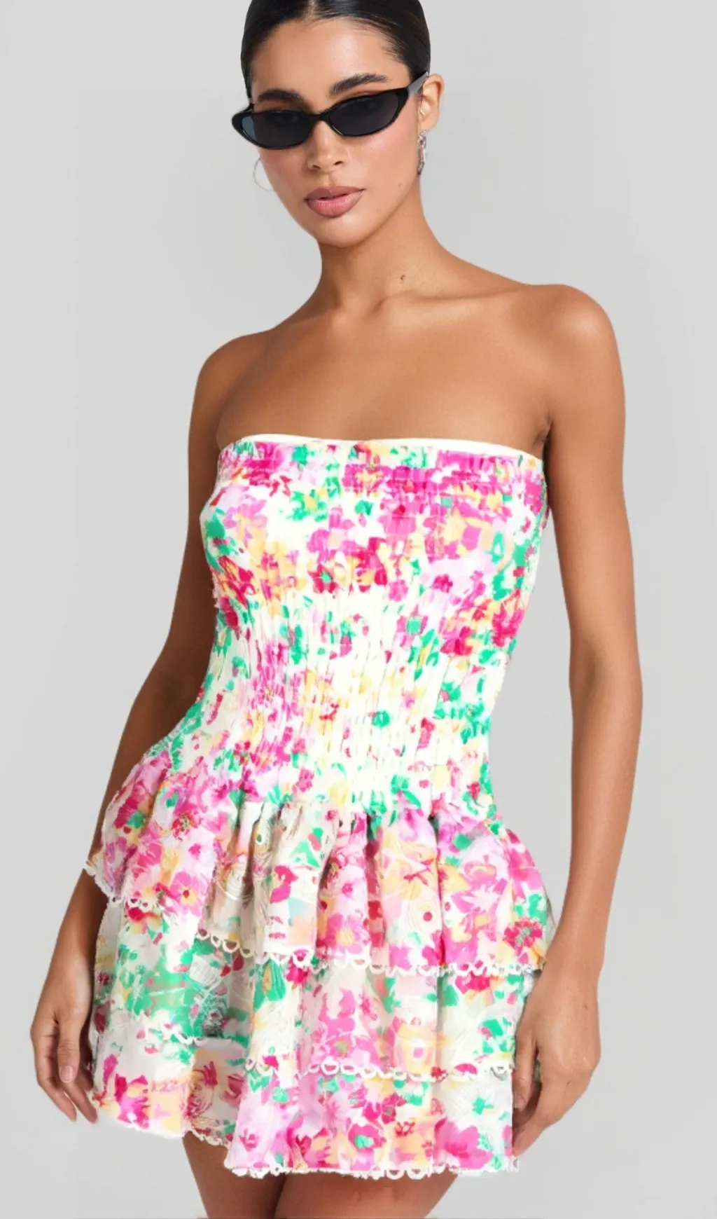 WHITE FLORAL RUCHED STRAPLESS MINI DRESS Gloria Lanvin
