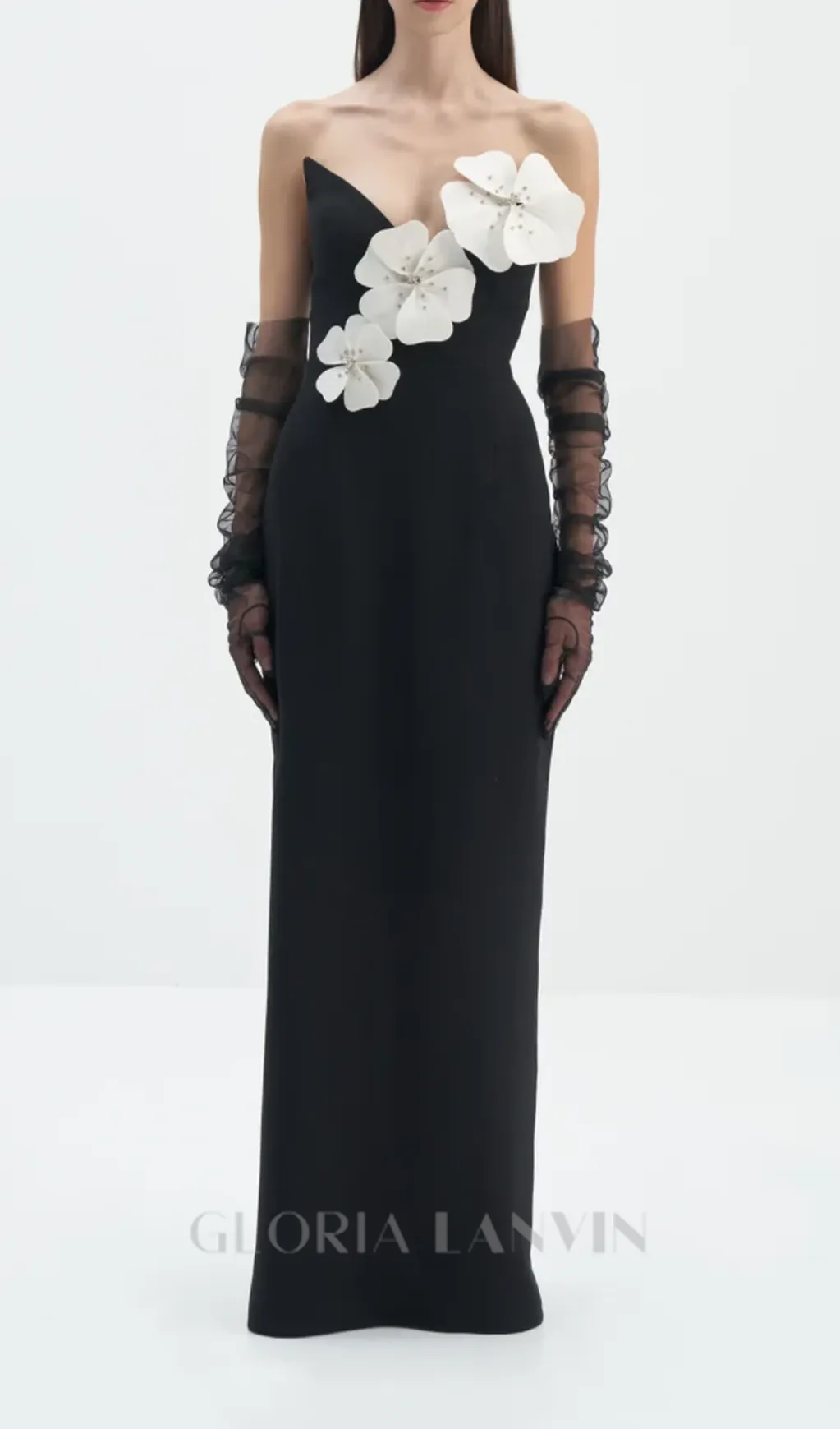 WHITE FLOWER EMBELLISHED MAXI DRESS IN BLACK Gloria Lanvin