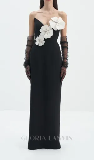 WHITE FLOWER EMBELLISHED MAXI DRESS IN BLACK Gloria Lanvin