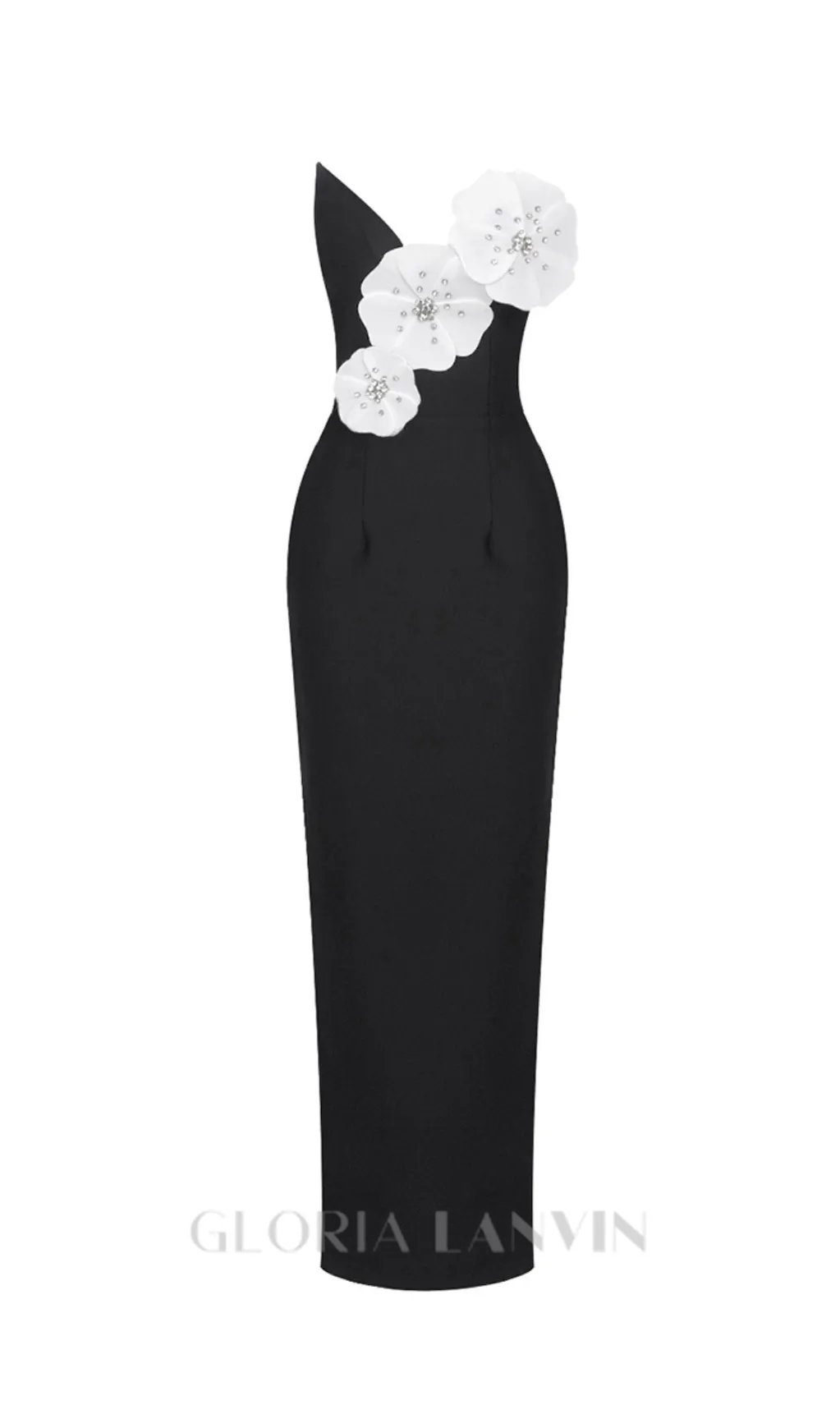 WHITE FLOWER EMBELLISHED MAXI DRESS IN BLACK Gloria Lanvin
