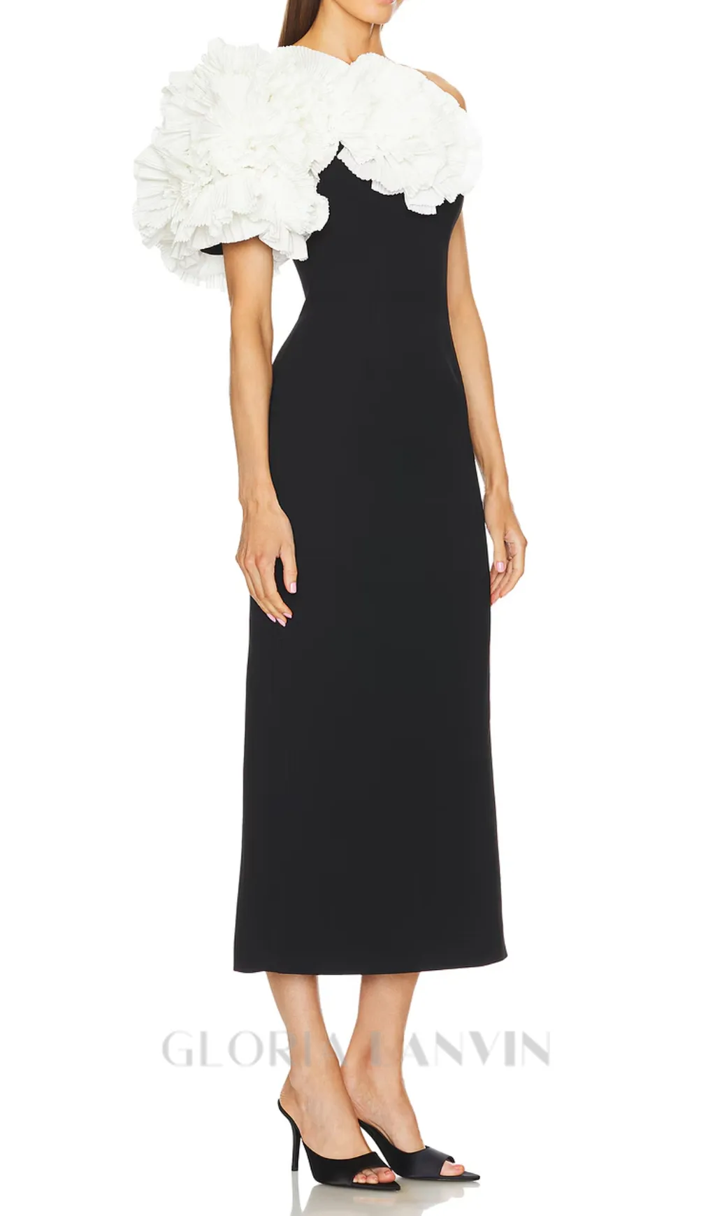 white flower embellished strapless black  midi dress Gloria Lanvin