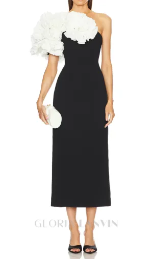 white flower embellished strapless black  midi dress Gloria Lanvin