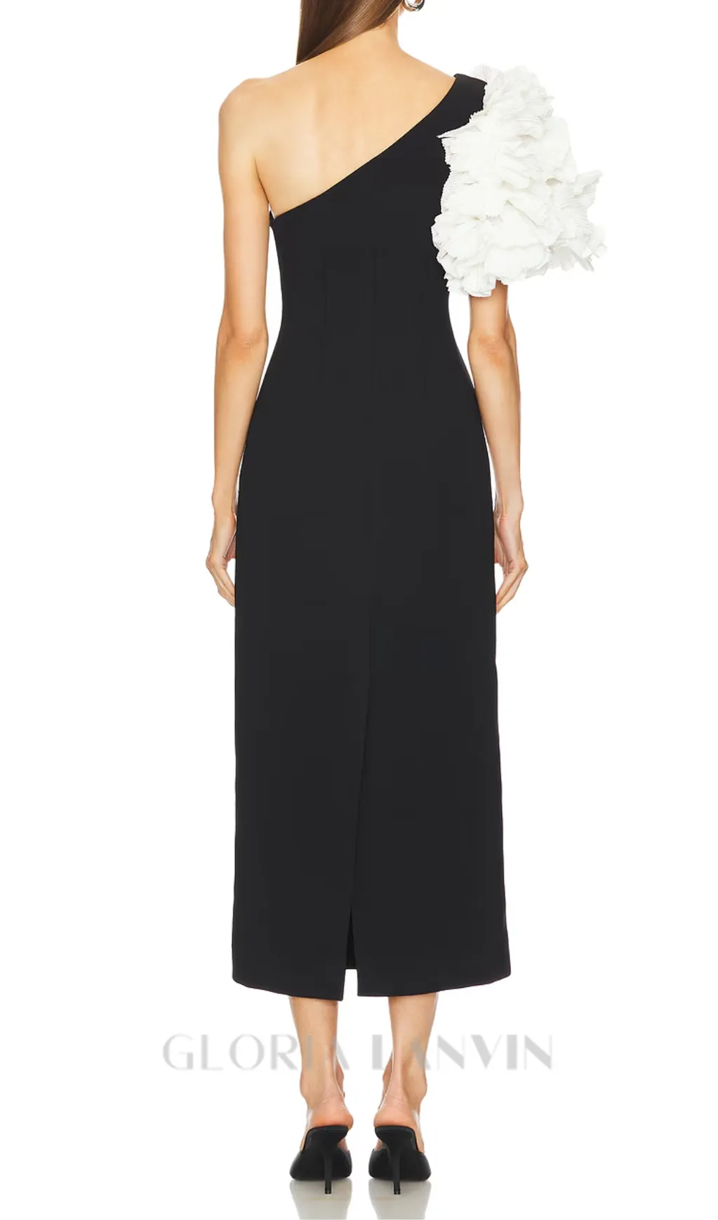 white flower embellished strapless black  midi dress Gloria Lanvin