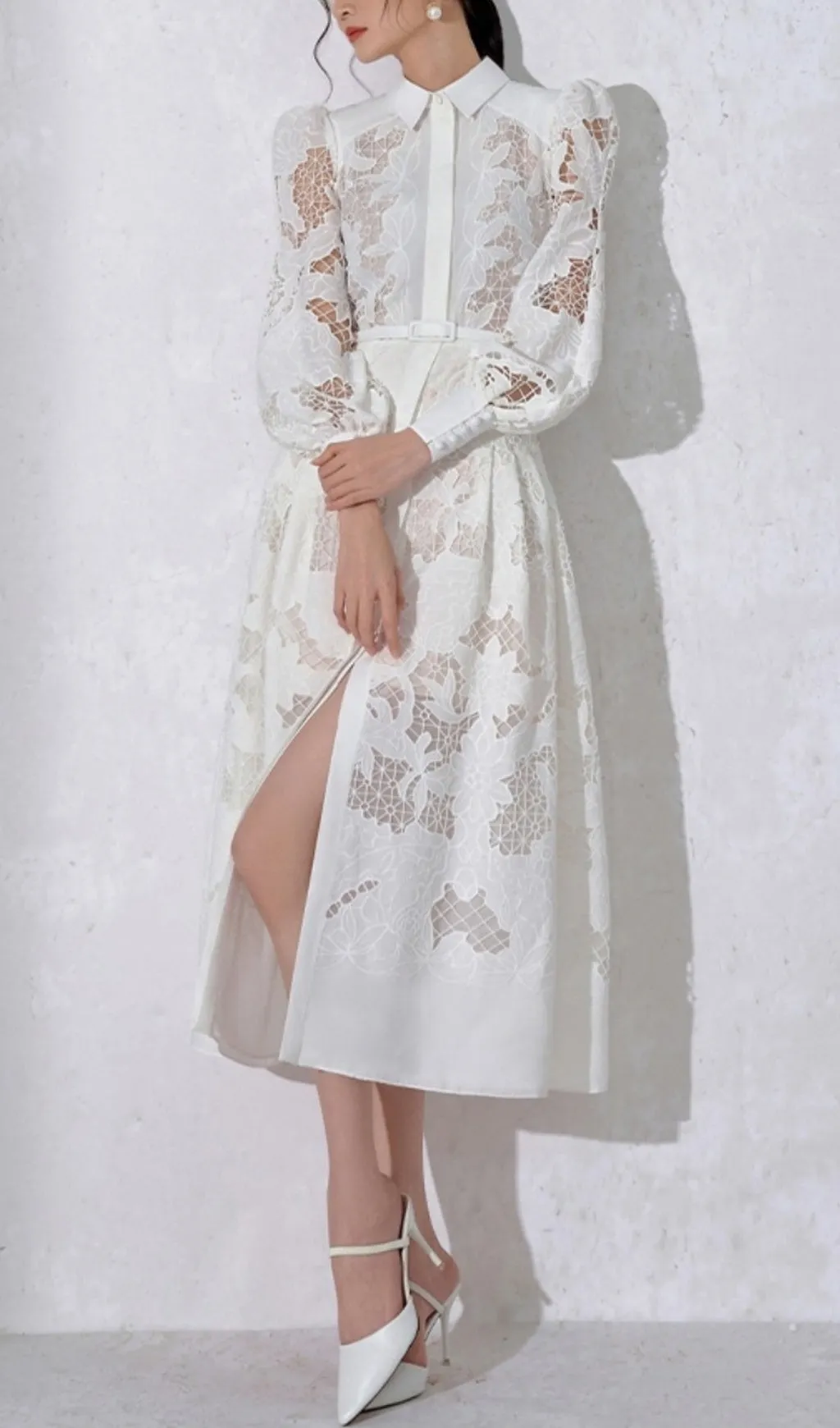 WHITE LACE EMBROIDERED FULL HEM MIDI DRESS Gloria Lanvin