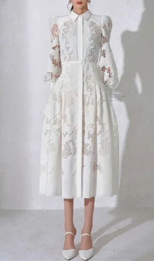 WHITE LACE EMBROIDERED FULL HEM MIDI DRESS Gloria Lanvin