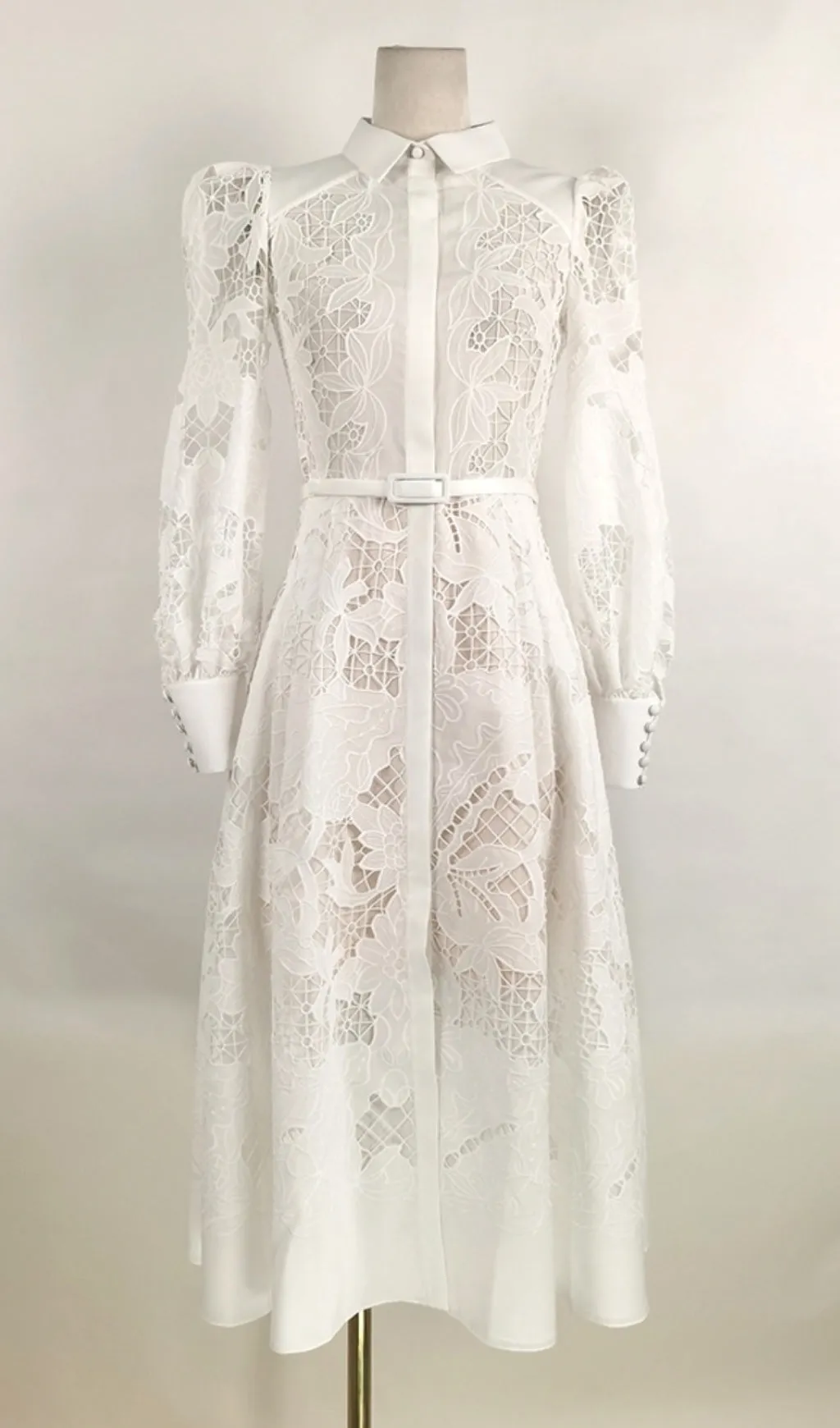 WHITE LACE EMBROIDERED FULL HEM MIDI DRESS Gloria Lanvin