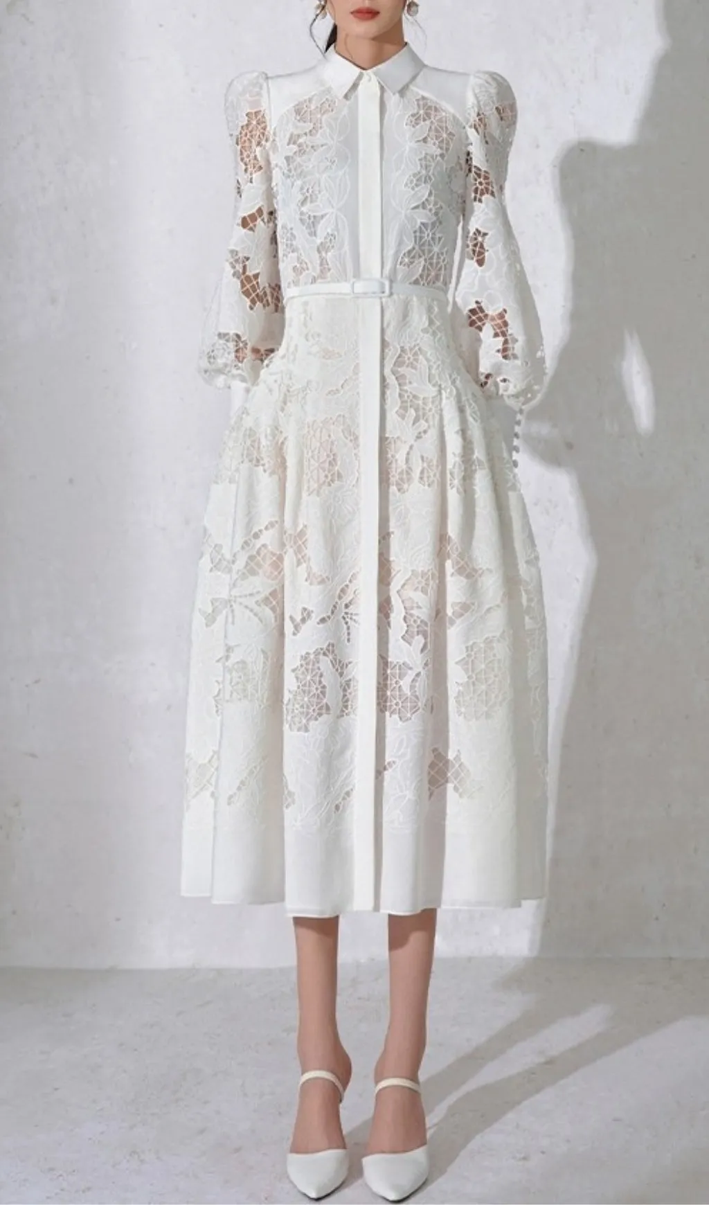 WHITE LACE EMBROIDERED FULL HEM MIDI DRESS Gloria Lanvin