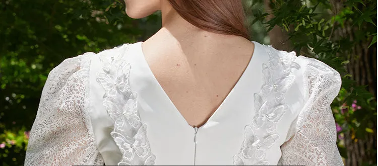 WHITE LACE V-NECK LONG-SLEEVED MINI DRESS Gloria Lanvin