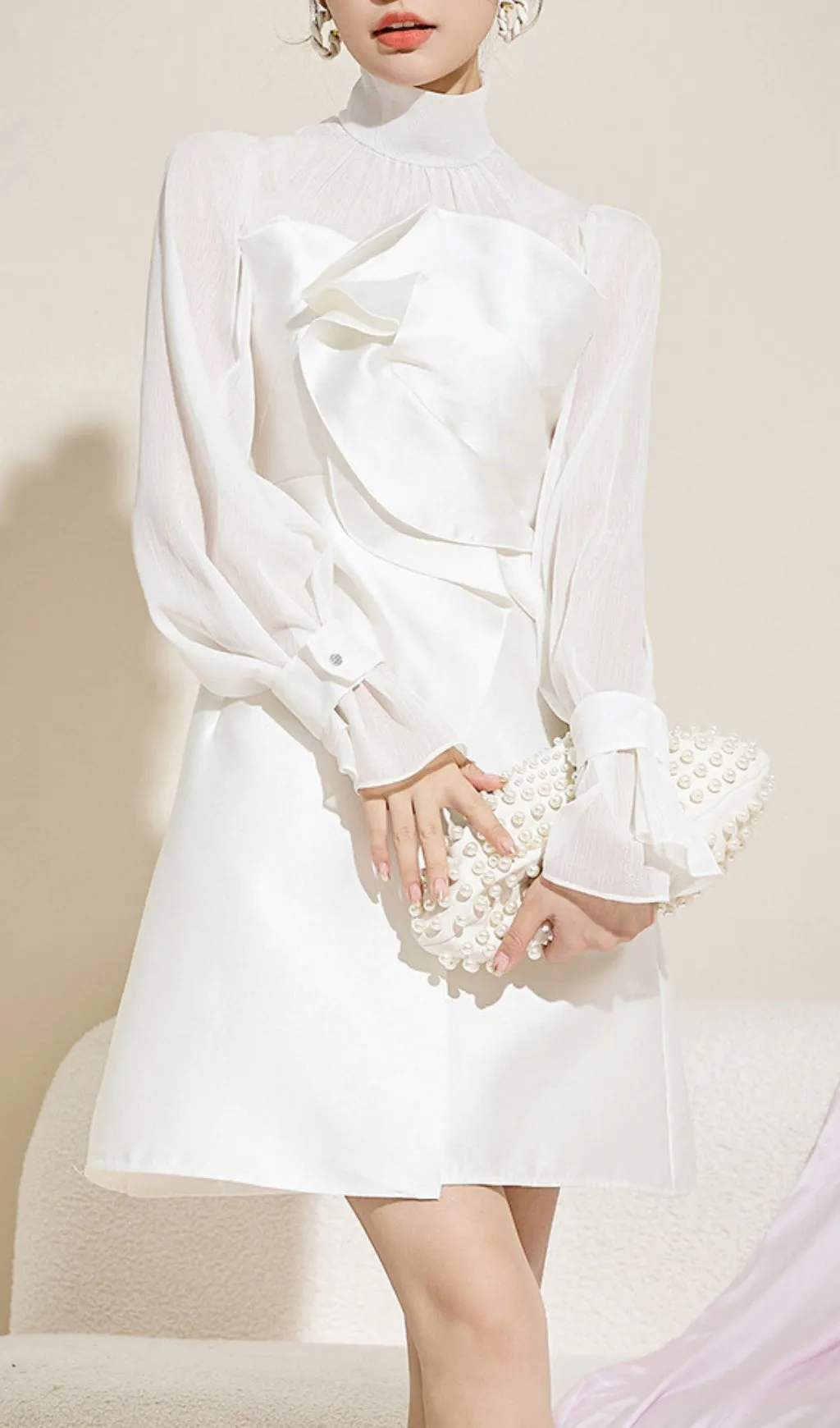 WHITE MESH LONG SLEEVE MINI DRESS Gloria Lanvin