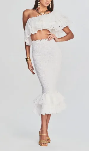 WHITE RUFFLES SKEW COLLAR TOPS & HIGH WAIST MIDI DRESS TWO PIECE SET Gloria Lanvin