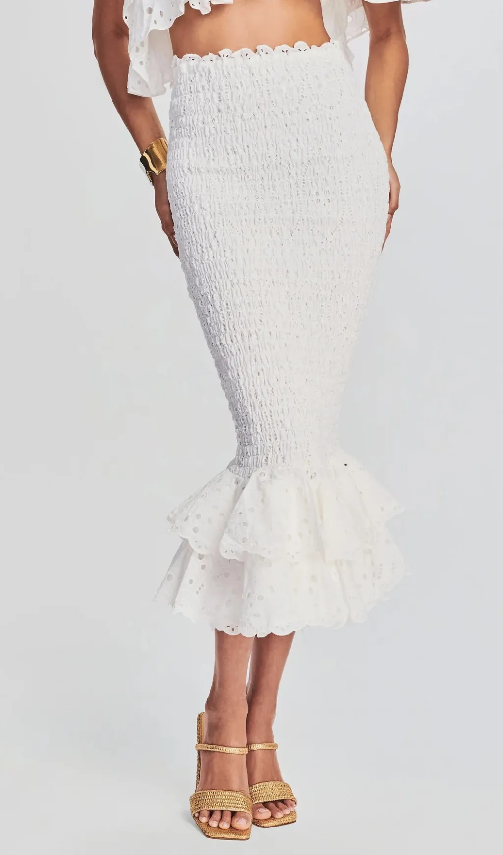 WHITE RUFFLES SKEW COLLAR TOPS & HIGH WAIST MIDI DRESS TWO PIECE SET Gloria Lanvin