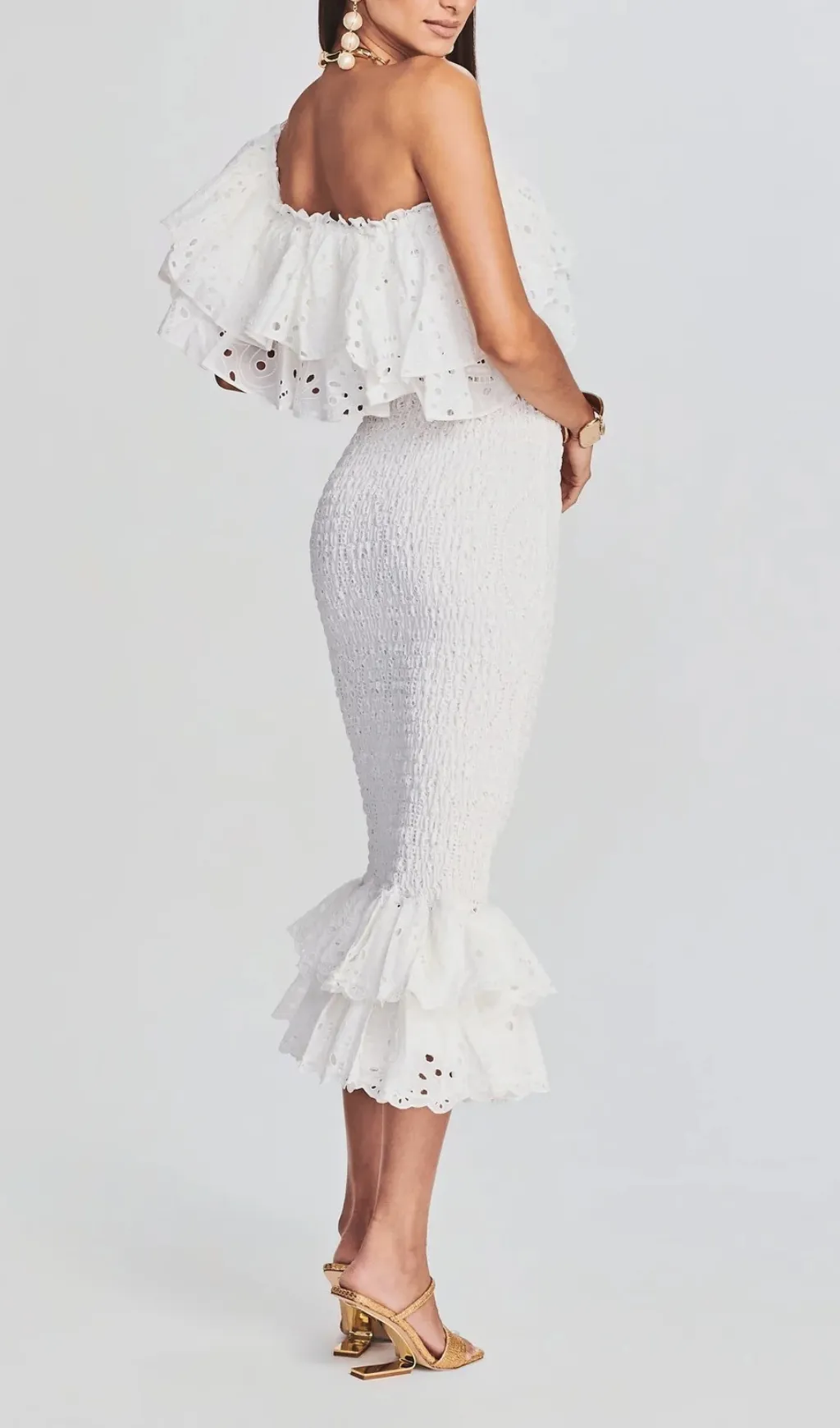 WHITE RUFFLES SKEW COLLAR TOPS & HIGH WAIST MIDI DRESS TWO PIECE SET Gloria Lanvin
