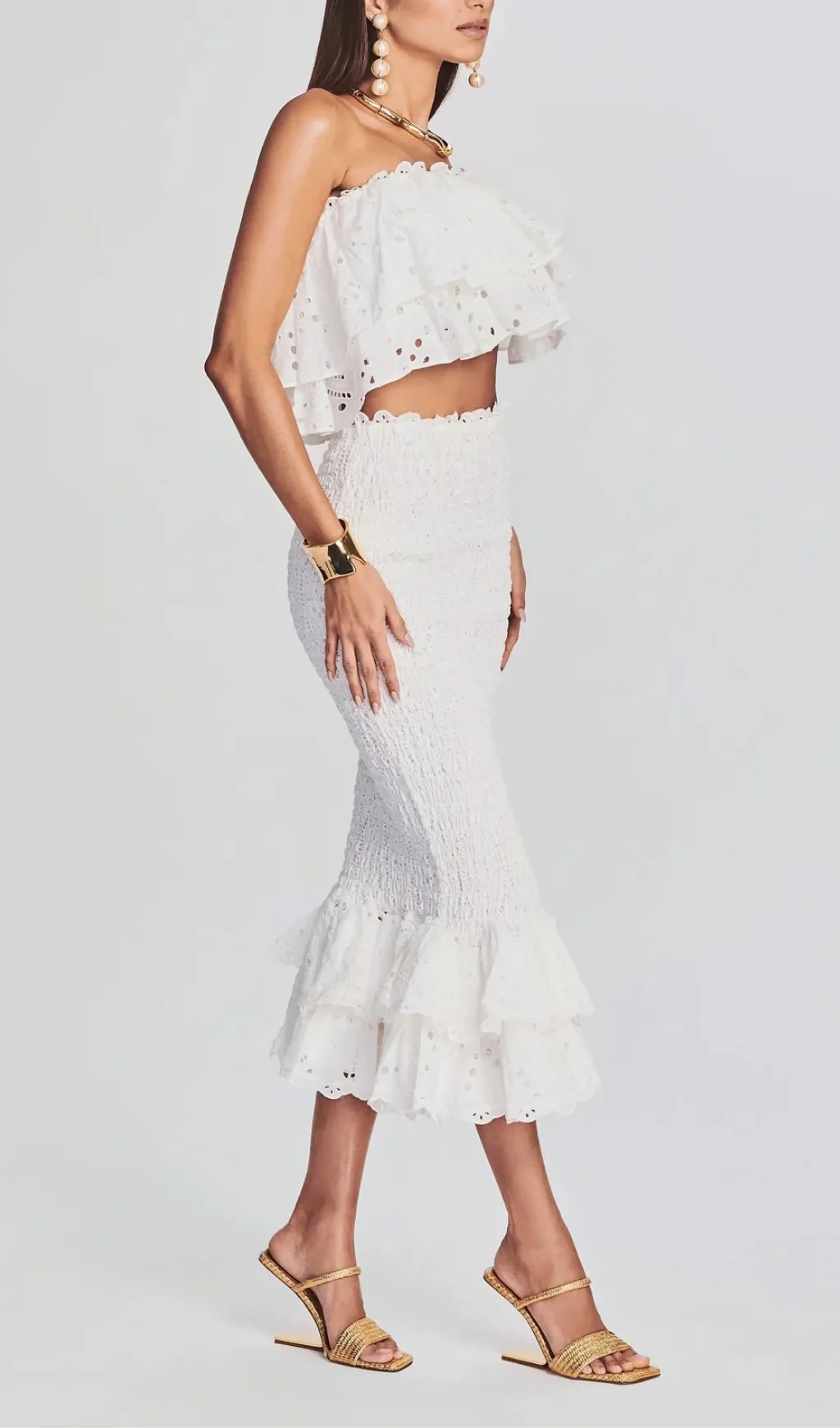 WHITE RUFFLES SKEW COLLAR TOPS & HIGH WAIST MIDI DRESS TWO PIECE SET Gloria Lanvin