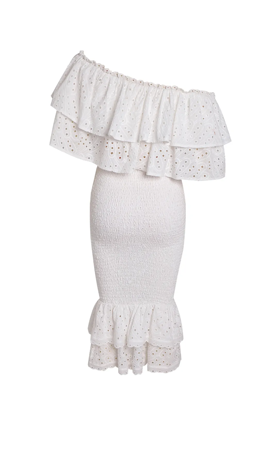 WHITE RUFFLES SKEW COLLAR TOPS & HIGH WAIST MIDI DRESS TWO PIECE SET Gloria Lanvin