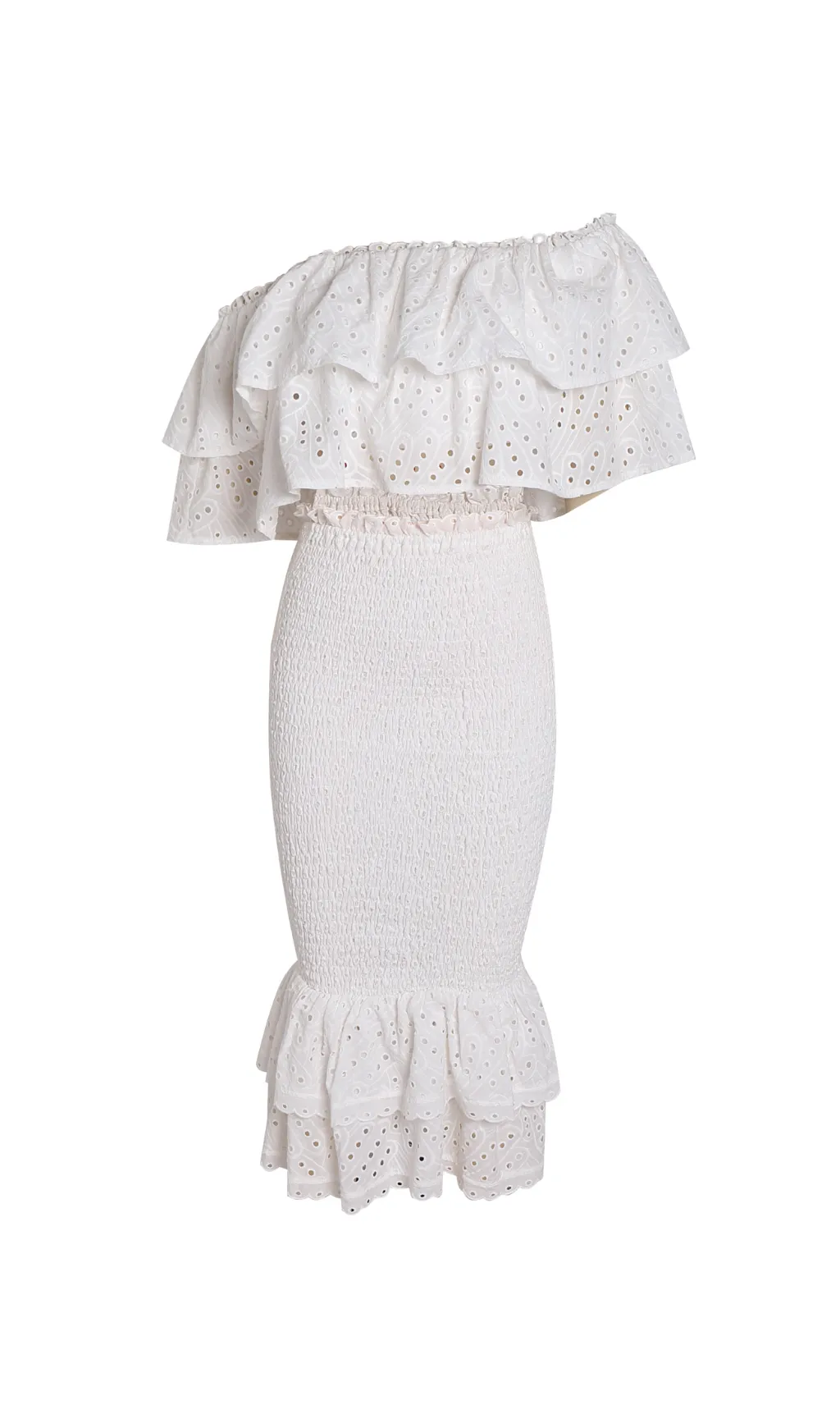 WHITE RUFFLES SKEW COLLAR TOPS & HIGH WAIST MIDI DRESS TWO PIECE SET Gloria Lanvin