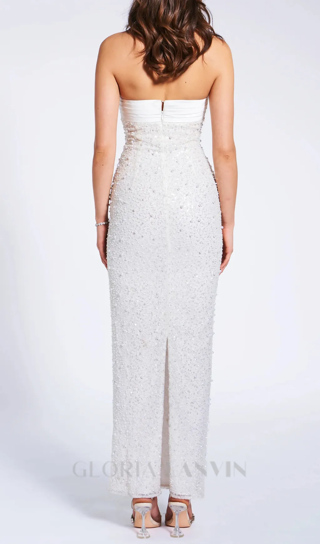 WHITE SATIN SEQUIN PEARLS BEADED MAXI DRESS Gloria Lanvin