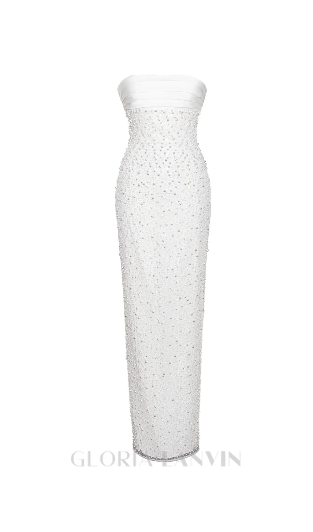 WHITE SATIN SEQUIN PEARLS BEADED MAXI DRESS Gloria Lanvin