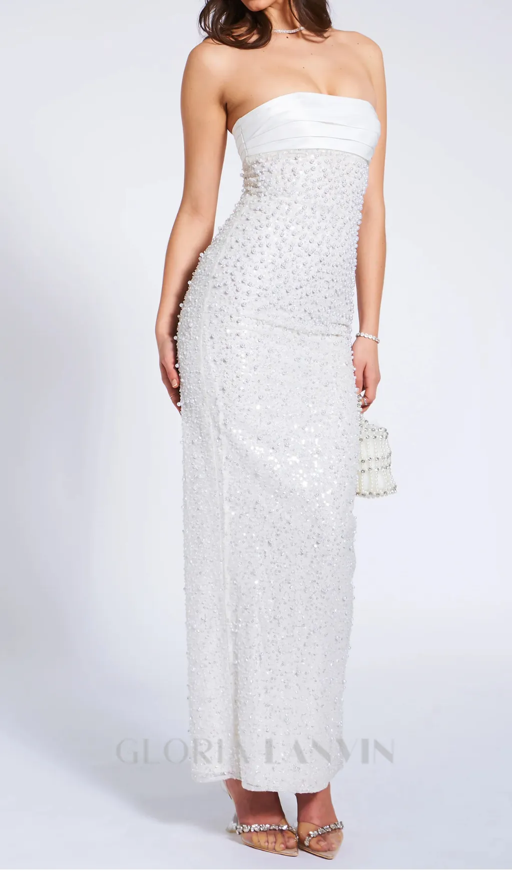 WHITE SATIN SEQUIN PEARLS BEADED MAXI DRESS Gloria Lanvin