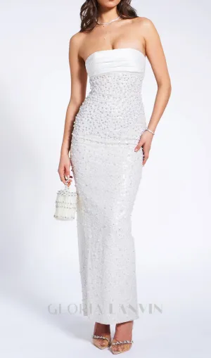WHITE SATIN SEQUIN PEARLS BEADED MAXI DRESS Gloria Lanvin
