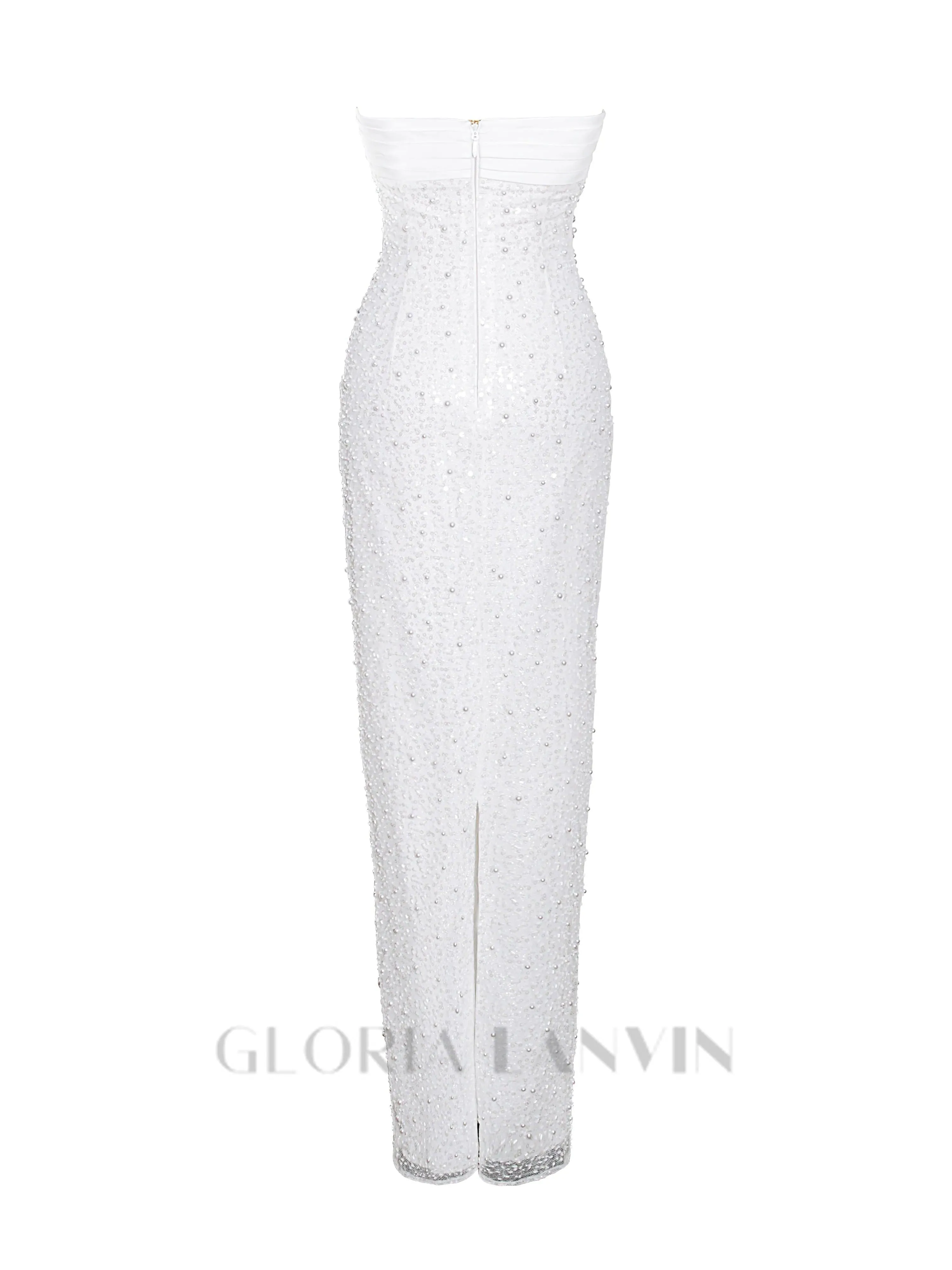 WHITE SATIN SEQUIN PEARLS BEADED MAXI DRESS Gloria Lanvin
