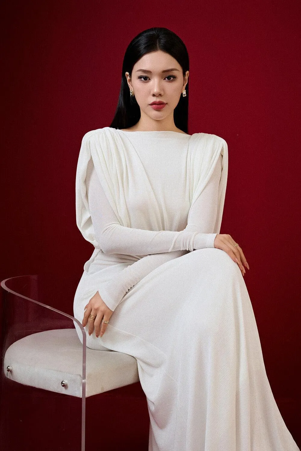 white straight boat neck knitted fabric maxi dress Gloria Lanvin