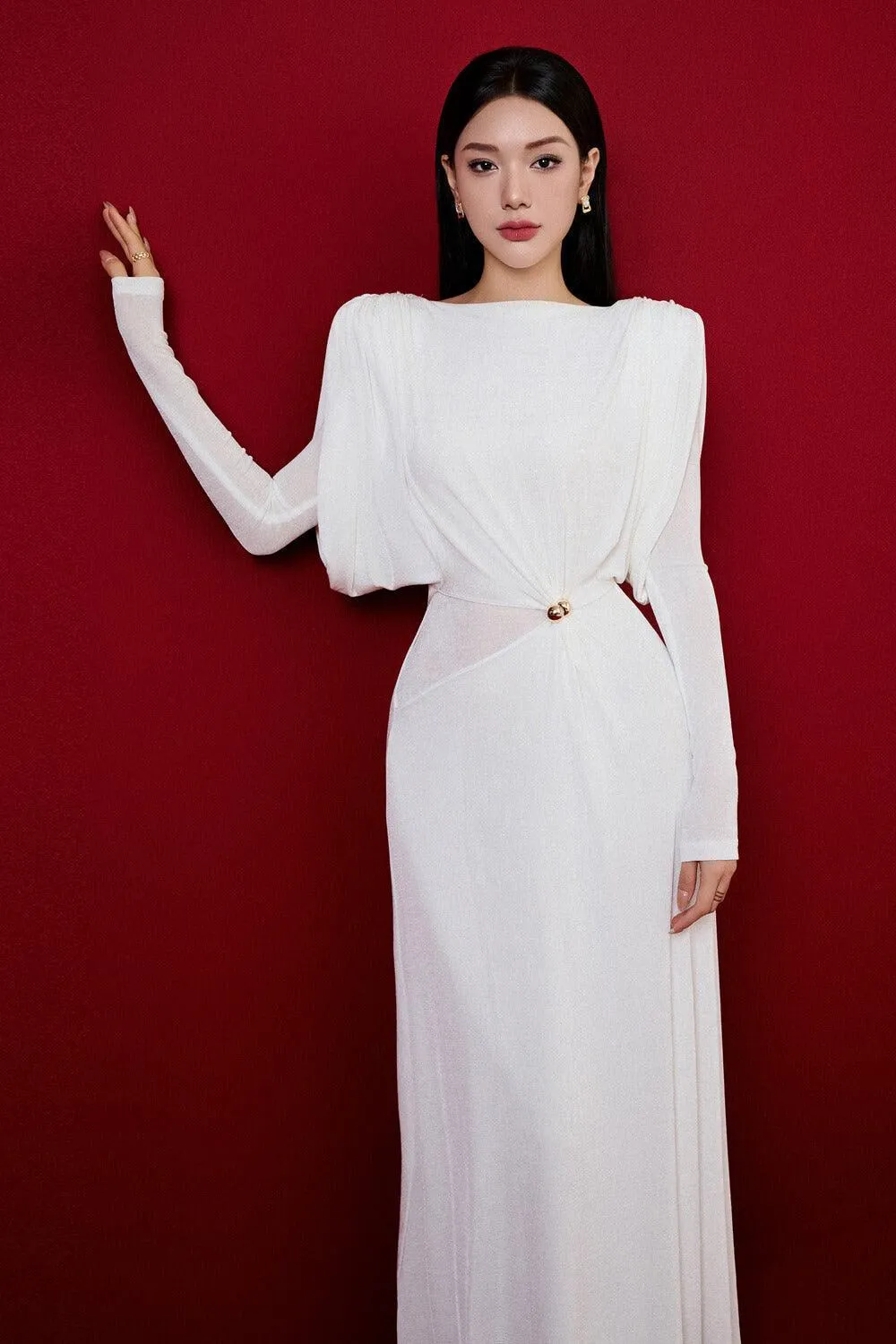 white straight boat neck knitted fabric maxi dress Gloria Lanvin