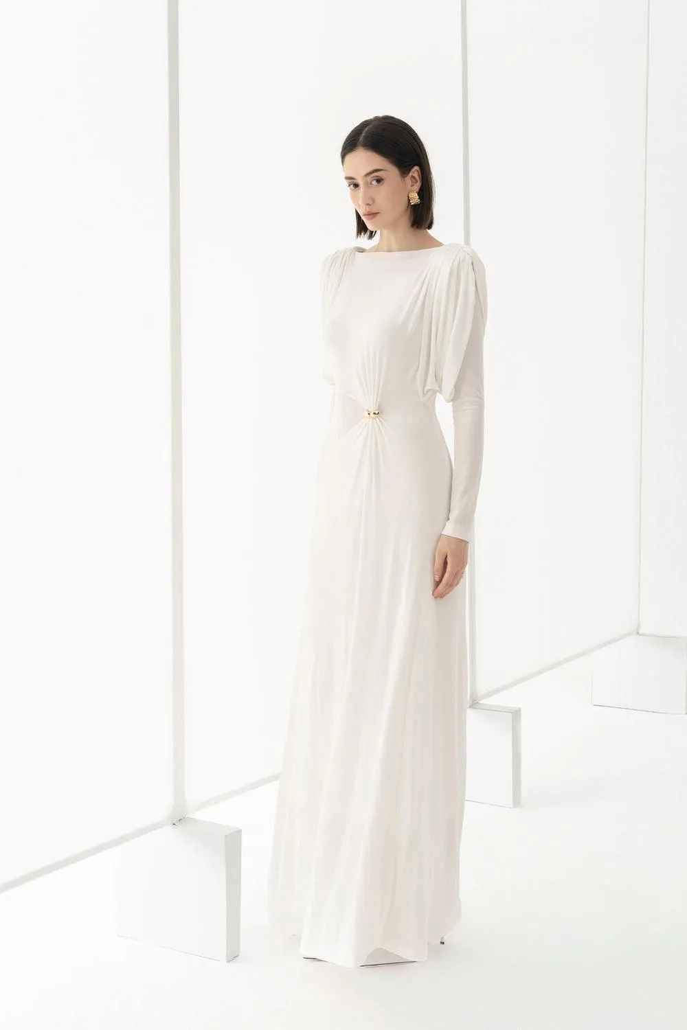 white straight boat neck knitted fabric maxi dress Gloria Lanvin