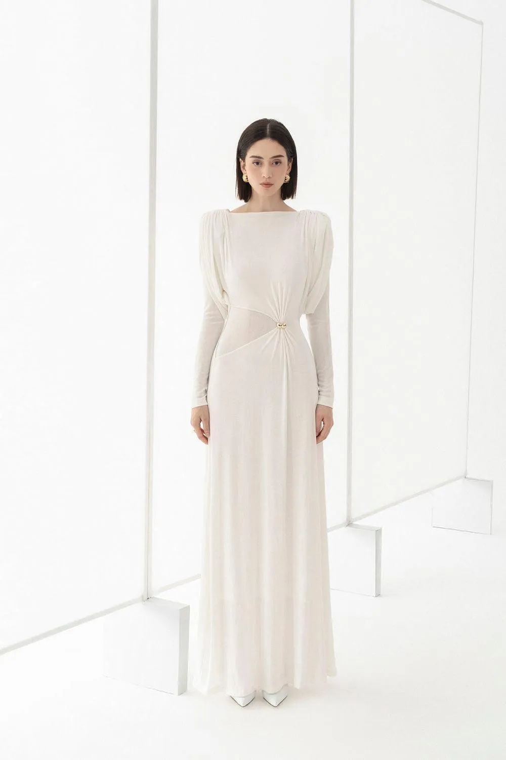 white straight boat neck knitted fabric maxi dress Gloria Lanvin