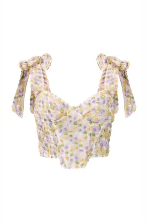 White Textured Floral Bow Strap Crop Top Gloria Lanvin