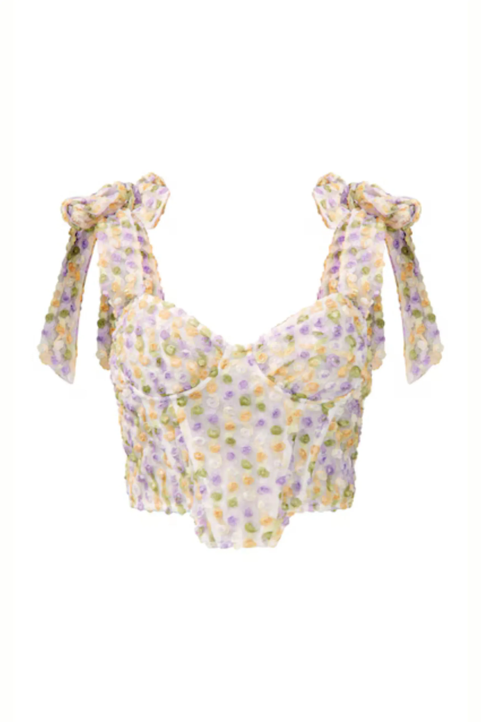 White Textured Floral Bow Strap Crop Top Gloria Lanvin