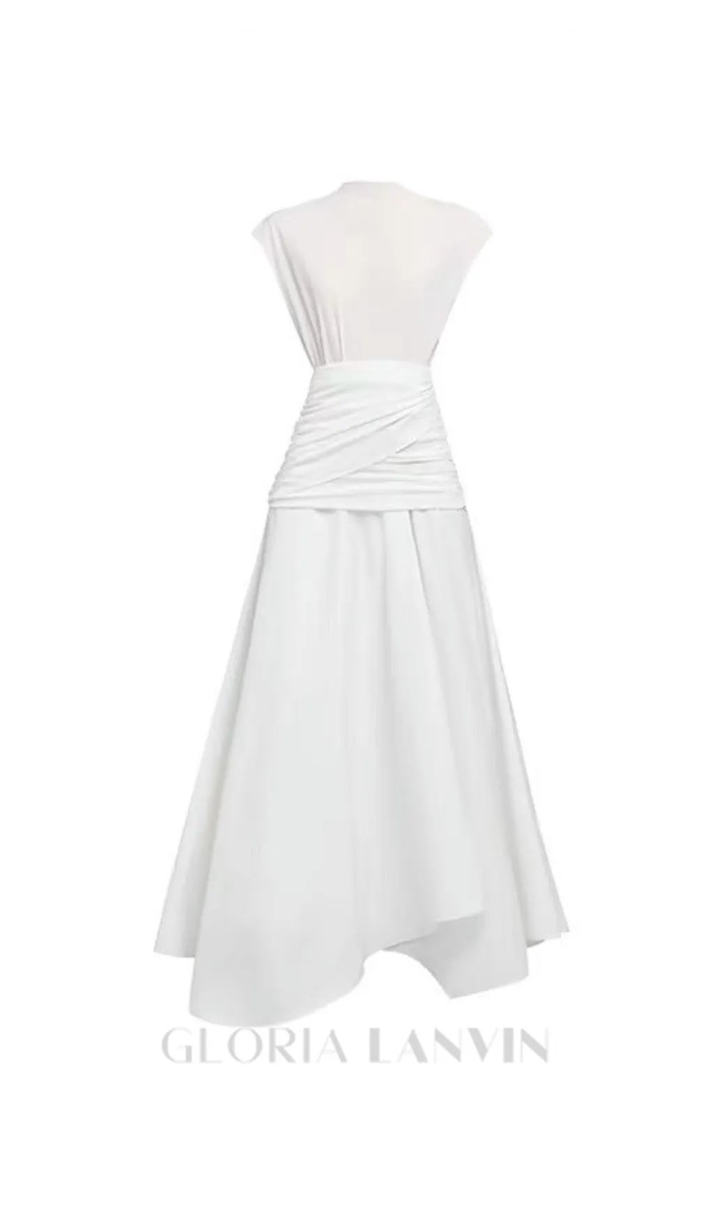 white Waist cross pleats midi dress with asymmetric hemline Gloria Lanvin