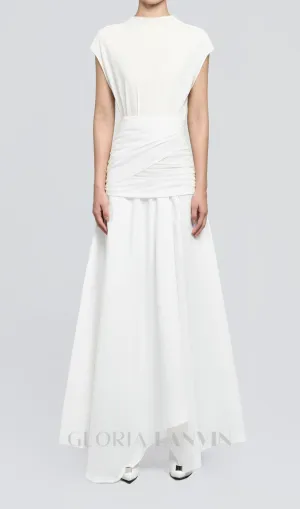 white Waist cross pleats midi dress with asymmetric hemline Gloria Lanvin
